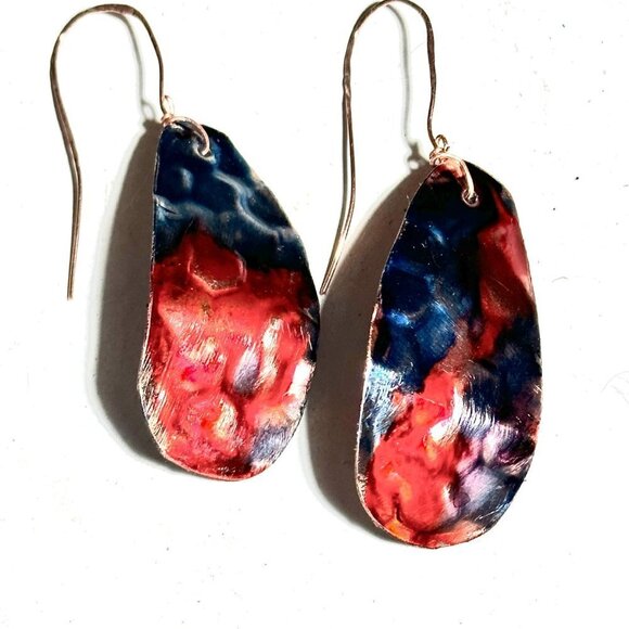 Festive Blue Red Copper Embossed Earrings Handmade Textured Painted Rustic Boho - Picture 8 of 11